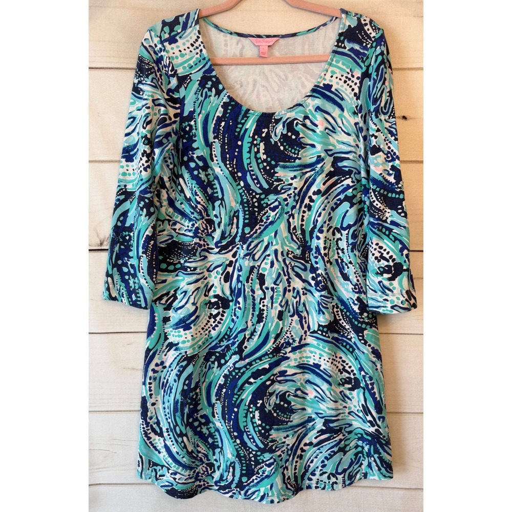 Lilly Pulitzer Etta V-Neck Dress Blue Green Abstract Paisley 3/4 Sleeve Large